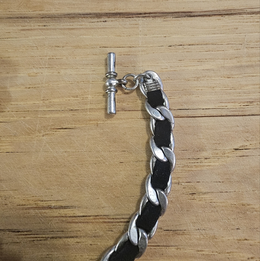 Hand Crafted Silver Tone and Black Ribbon Heart Charm Toggle Heart Bracelet. - Picture 4 of 8